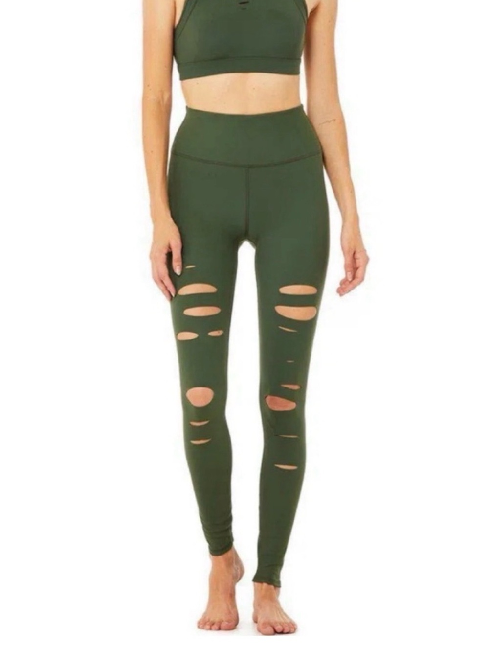 Alo Yoga High rise warrior leggings ripped detail size medium green